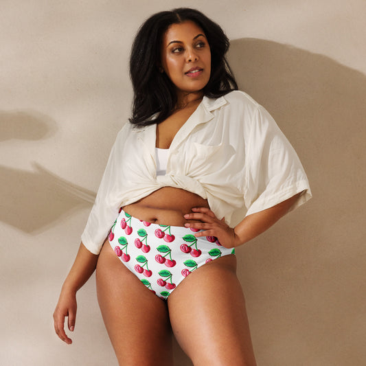 "Cherry On Top" Cherry Vulva, High-waisted Bikini Bottom Separates- Black (Recycled)