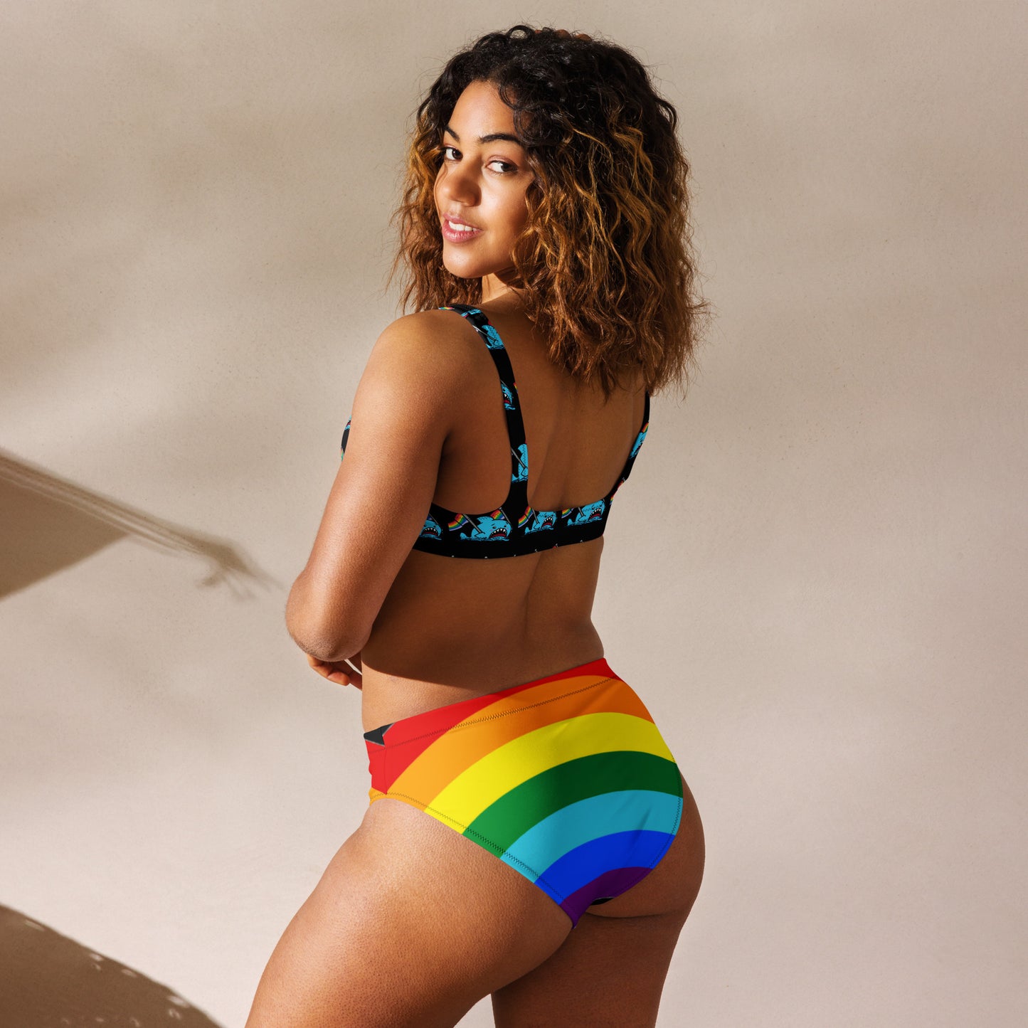 Anxious Shark Rainbow Pride Flag- High-waisted bikini (recycled)