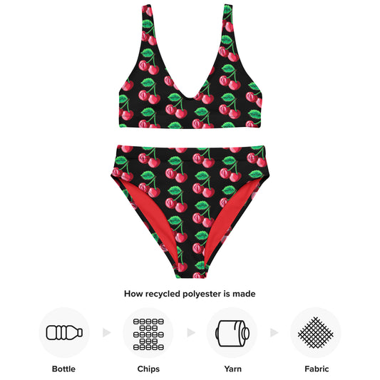 "Cherry on Top" Cherry Vulva- High-waisted Bikini, Black (Recycled)