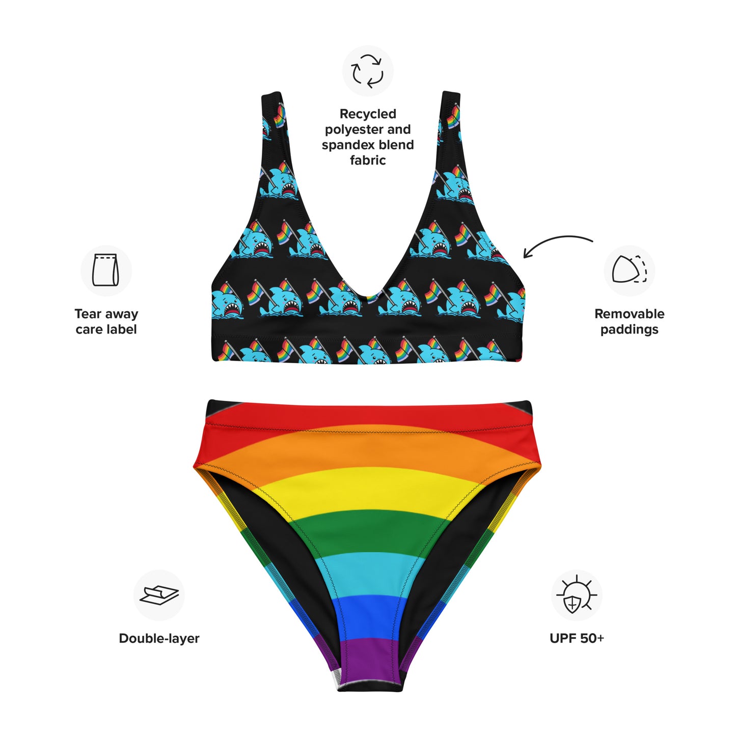 Anxious Shark Rainbow Pride Flag- High-waisted bikini (recycled)