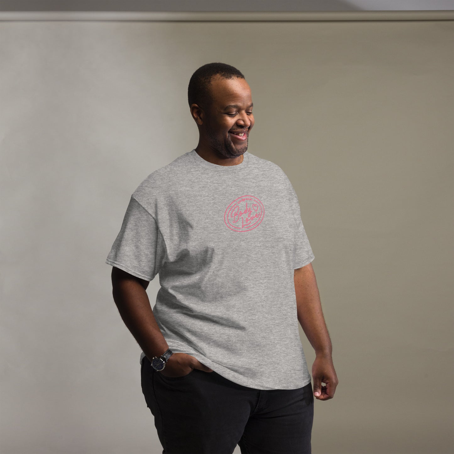 Embrace Body Love Logo, Classic T-shirt- Pink Logo (Masc Fit)