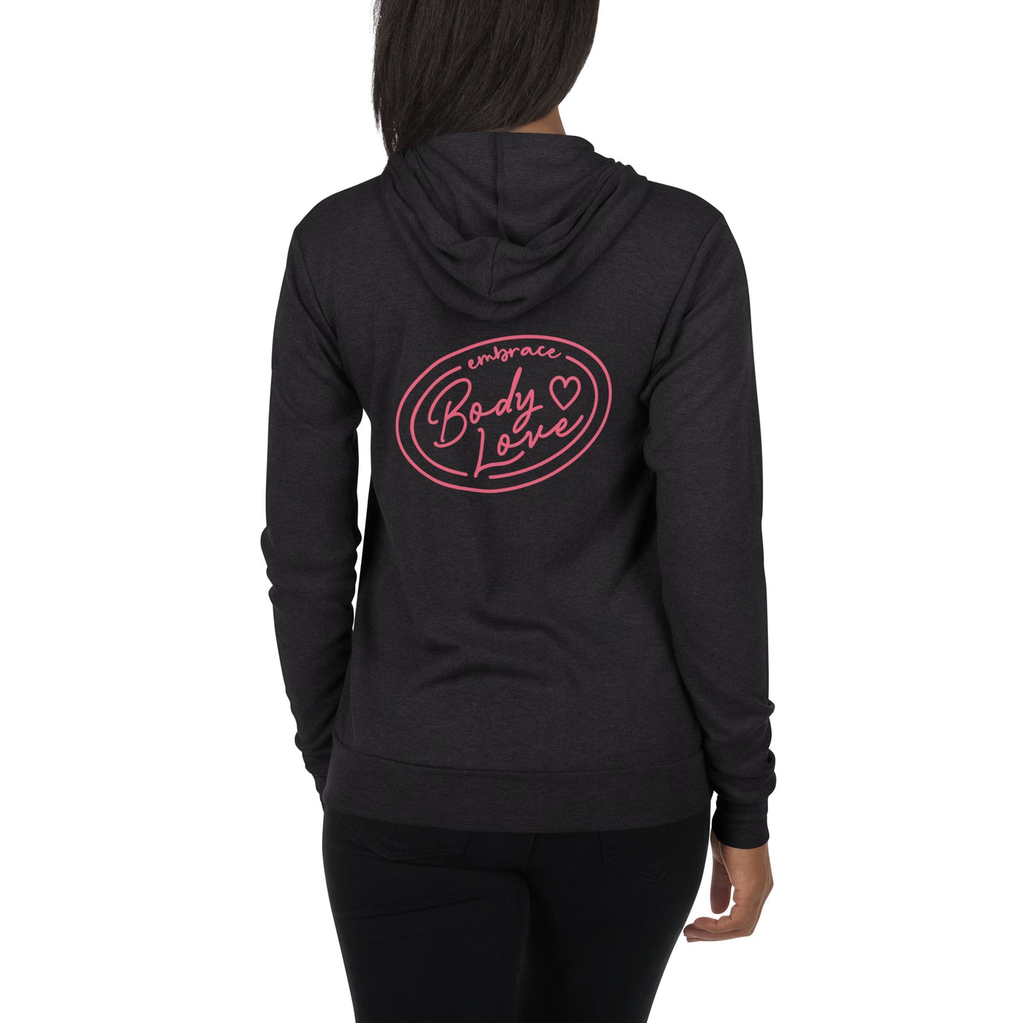 Embrace Body Love Logo, Lightweight Zip Hoodie- Genderless, Pink Logo
