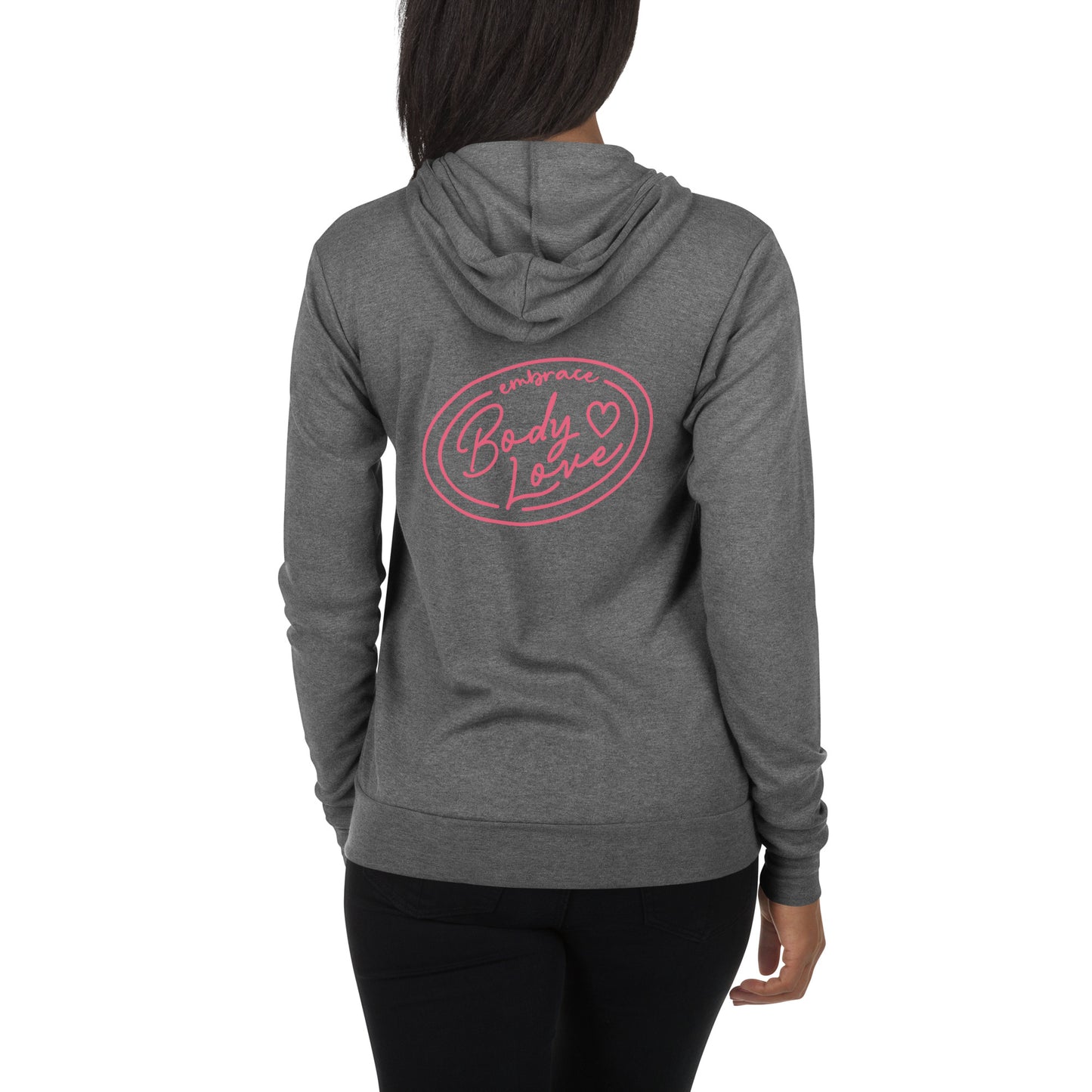 Embrace Body Love Logo, Lightweight Zip Hoodie- Genderless, Pink Logo