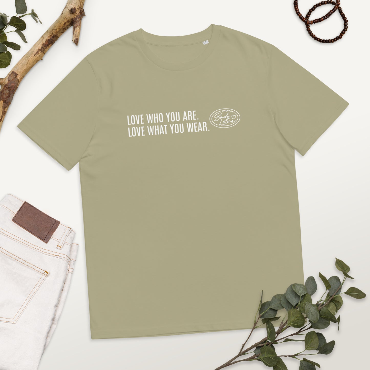 "Love Who You Are" Genderless Organic Cotton T-shirt (Embrace Body Love Logo)