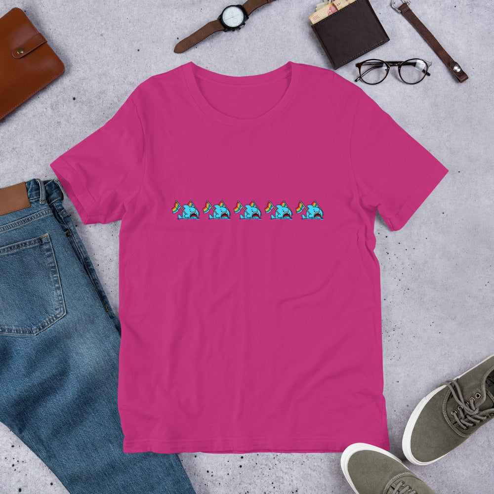 Anxious Shark Celebrates Pride! Genderless T-shirt (classic rainbow parade)