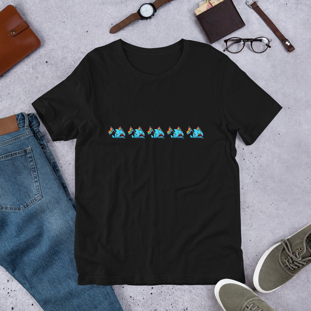 Anxious Shark Celebrates Pride! Genderless T-shirt (classic rainbow parade)