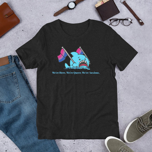 "We're Here..." Anxious Shark with Bi Pride Flag, Genderless Tshirt