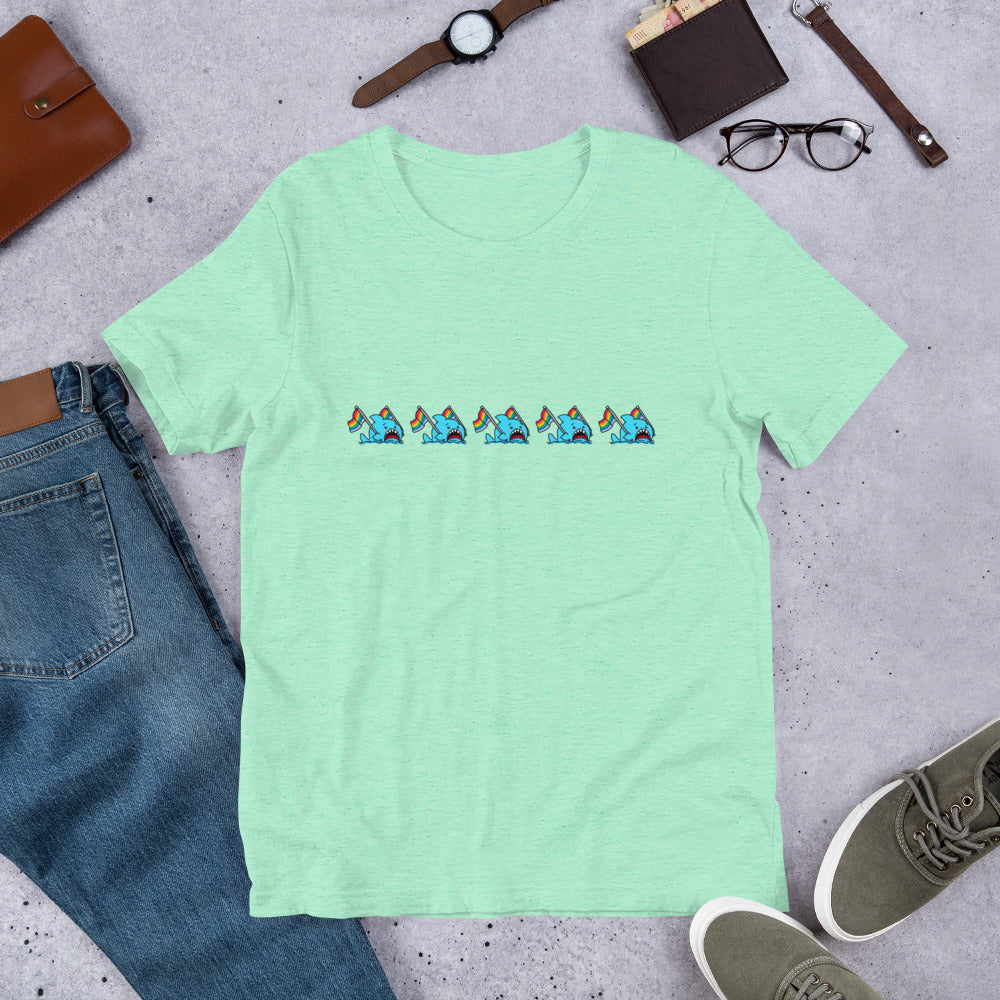 Anxious Shark Celebrates Pride! Genderless T-shirt (classic rainbow parade)