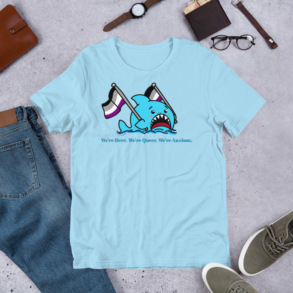 "We're Here..." Anxious Shark with Asexual/Ace Pride Flag, Genderless Tshirt