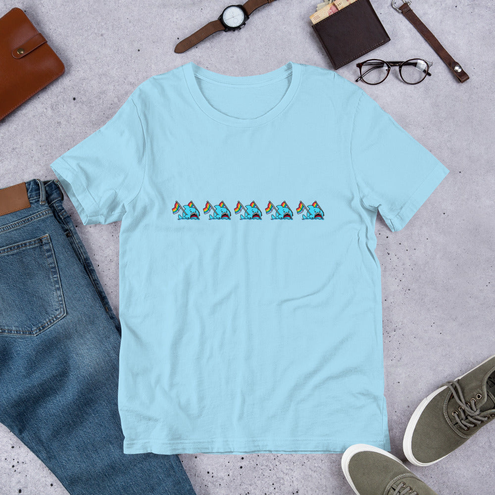 Anxious Shark Celebrates Pride! Genderless T-shirt (classic rainbow parade)