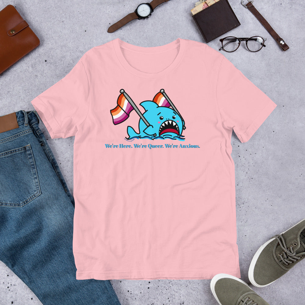 "We're Here..." Anxious Shark with Lesbian Pride Flag, Genderless Tshirt