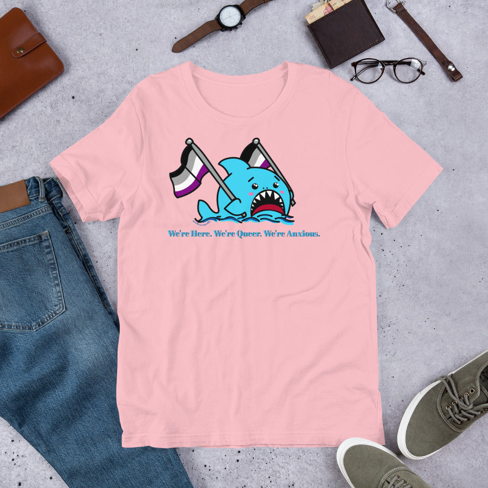 "We're Here..." Anxious Shark with Asexual/Ace Pride Flag, Genderless Tshirt