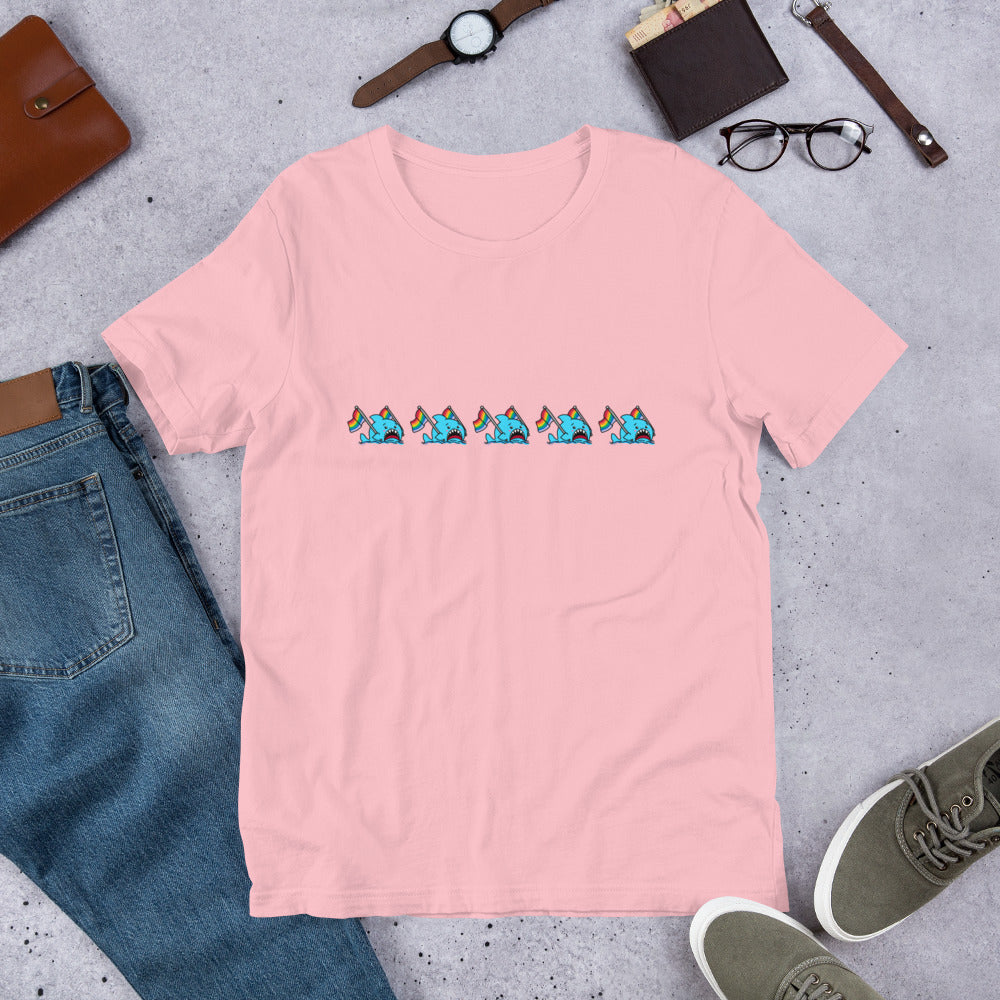 Anxious Shark Celebrates Pride! Genderless T-shirt (classic rainbow parade)