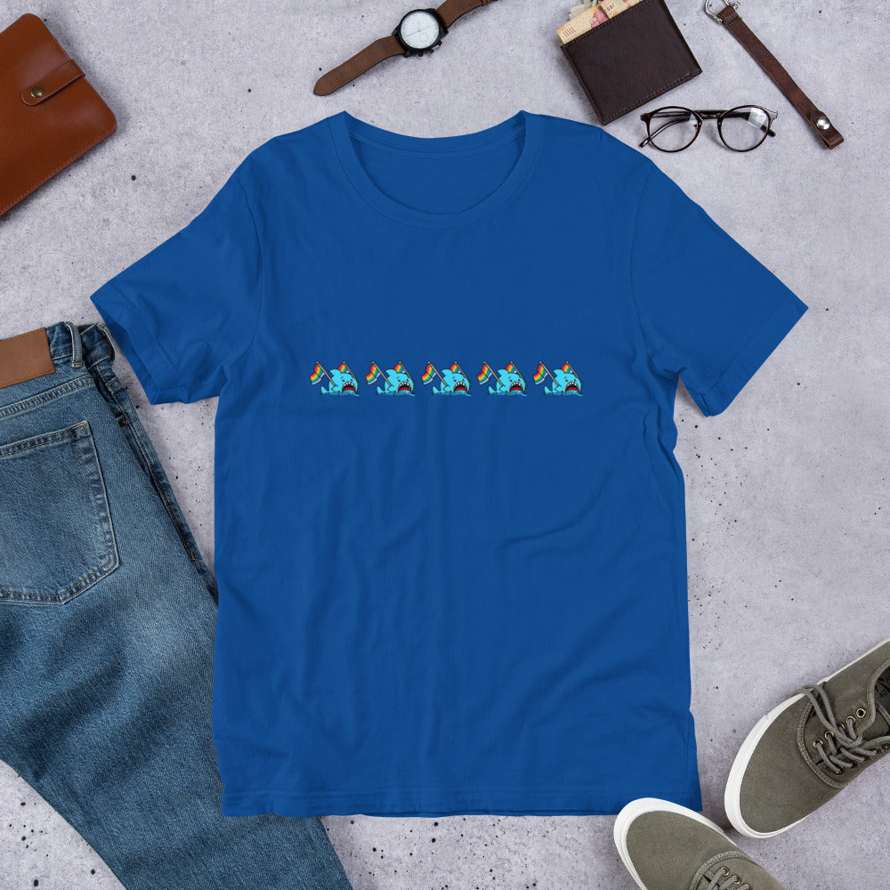 Anxious Shark Celebrates Pride! Genderless T-shirt (classic rainbow parade)