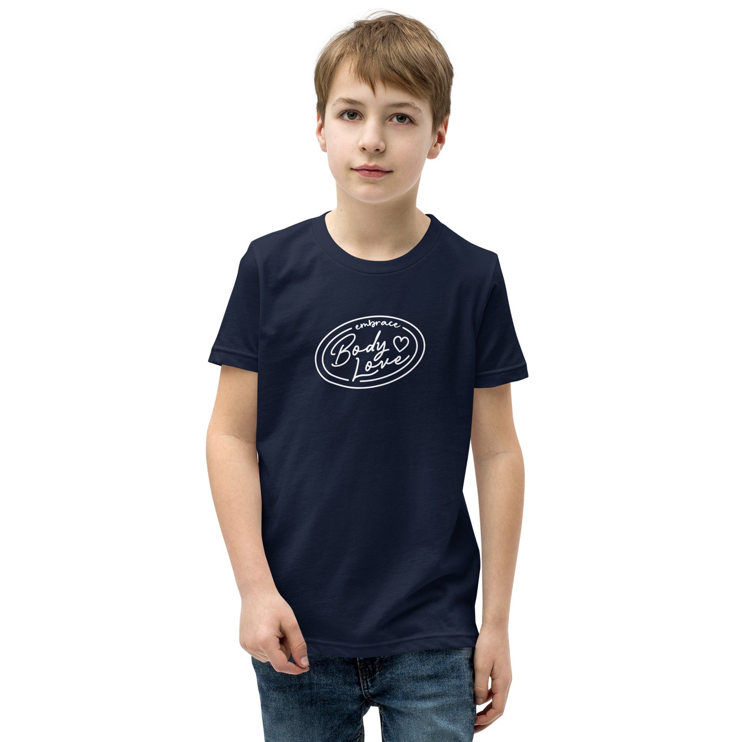 Embrace Body Love Logo- Genderless Youth Short Sleeve T-Shirt (white logo)