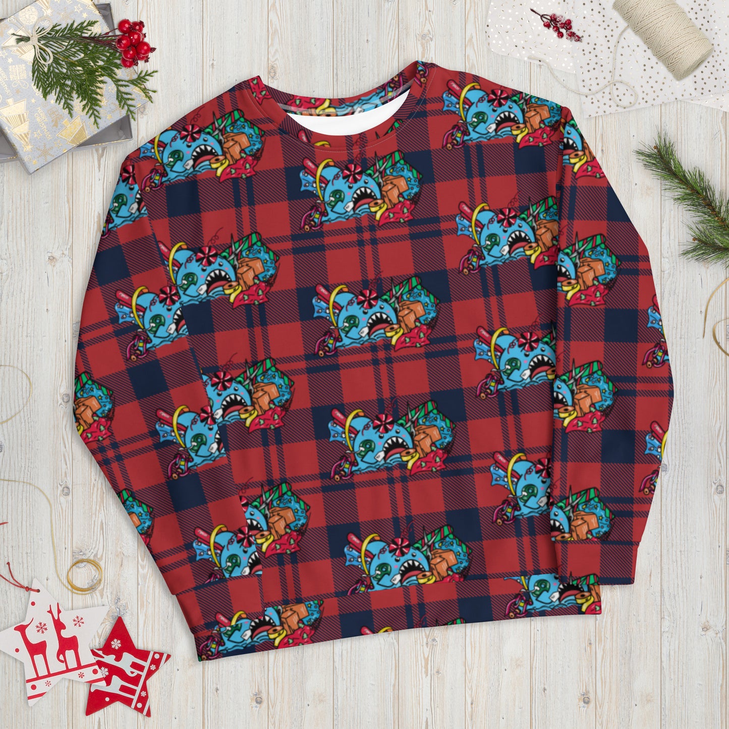 Holiday Sharks Ugly Christmas Sweater- Time to Wrap the Gifts! (Genderless sweatshirt)