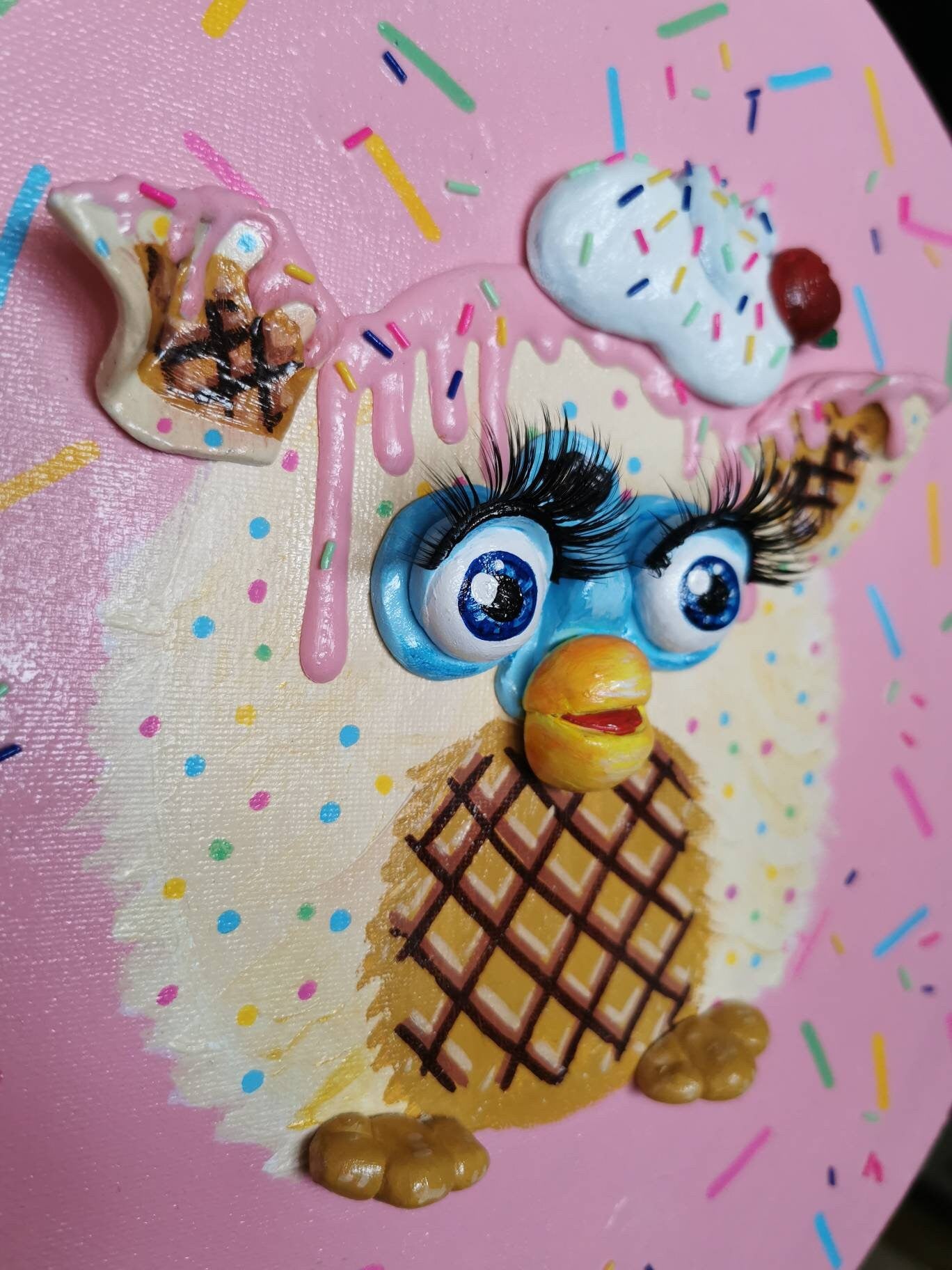 Furby Sprinkles and Ice Cream Painting. Original, one of a kind 3D painting.