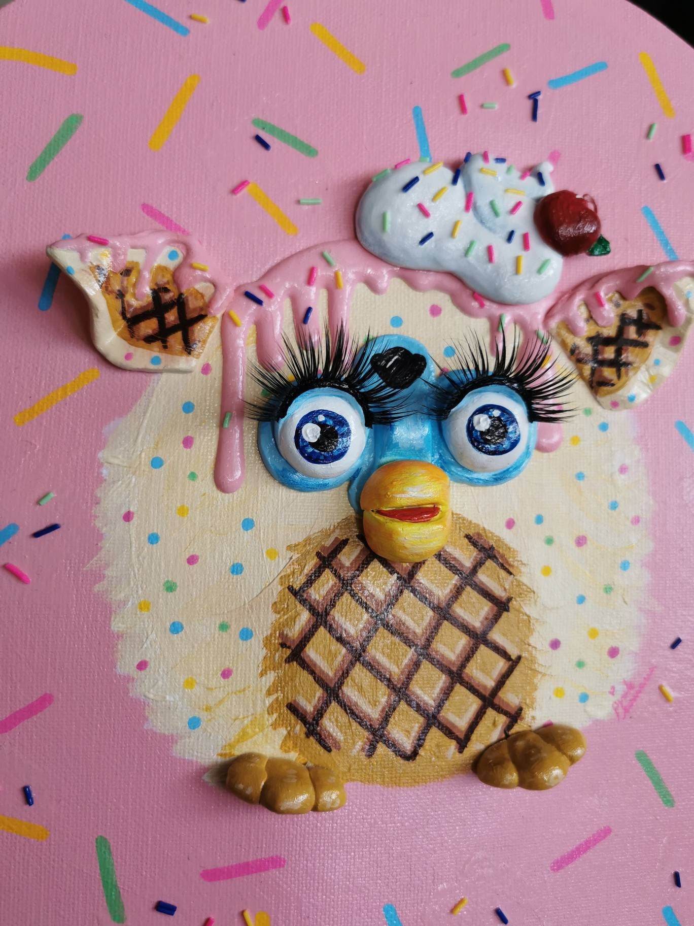 Furby Sprinkles and Ice Cream Painting. Original, one of a kind 3D painting.