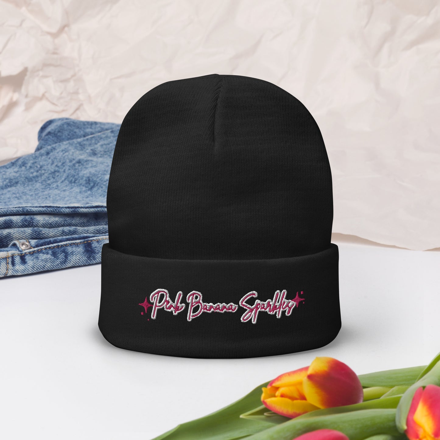 Pink Banana Sparkles- Embroidered Beanie