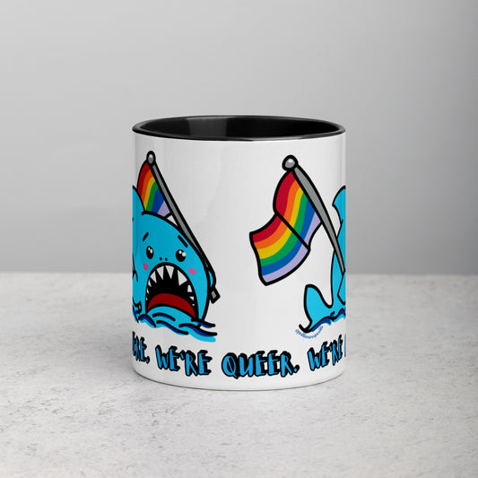 "We're Here.." -Anxious Shark, with Basic Rainbow Pride Flag Mug (11oz)