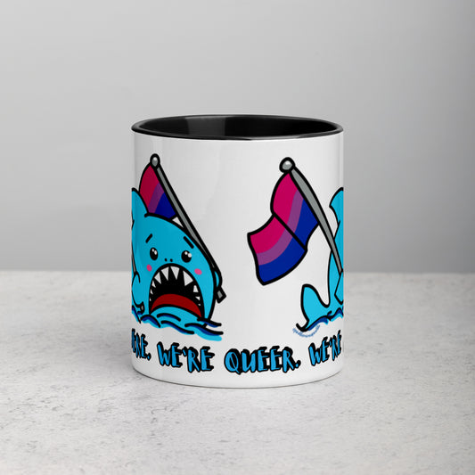 "We're Here..." Anxious Shark Mug with Bisexual Pride Flag (11oz)
