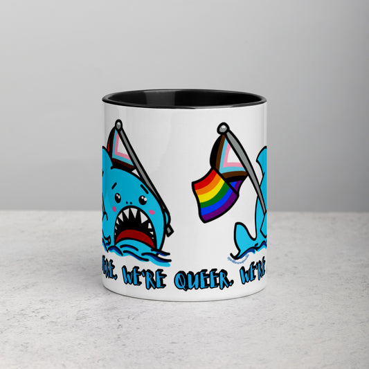 "We're Here..." Anxious Shark with Inclusive Rainbow Pride Flag Mug (11oz)