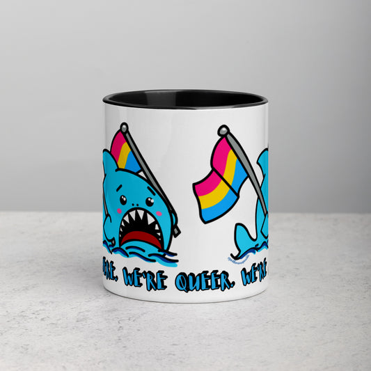 "We're Here..." Anxious Shark Mug with Pansexual Pride Flags (11oz)