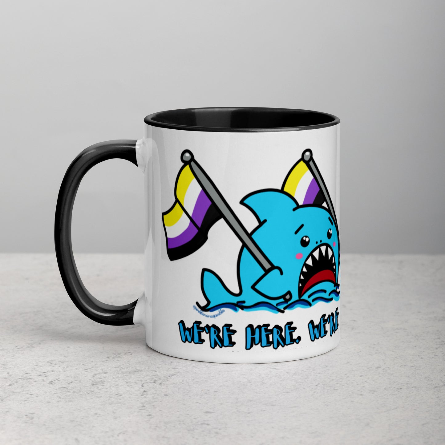 "We're Here..." Anxious Shark Mug with Non-Binary Pride Flag (11oz)