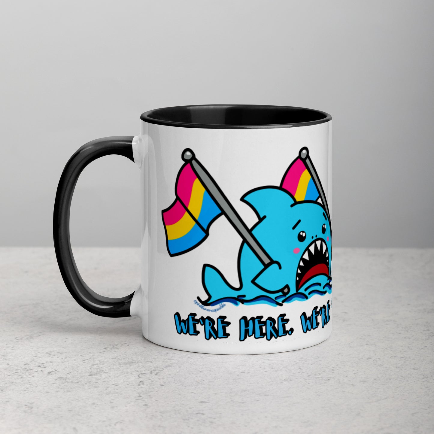 "We're Here..." Anxious Shark Mug with Pansexual Pride Flags (11oz)