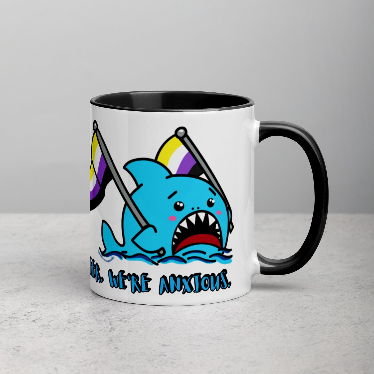 "We're Here..." Anxious Shark Mug with Non-Binary Pride Flag (11oz)