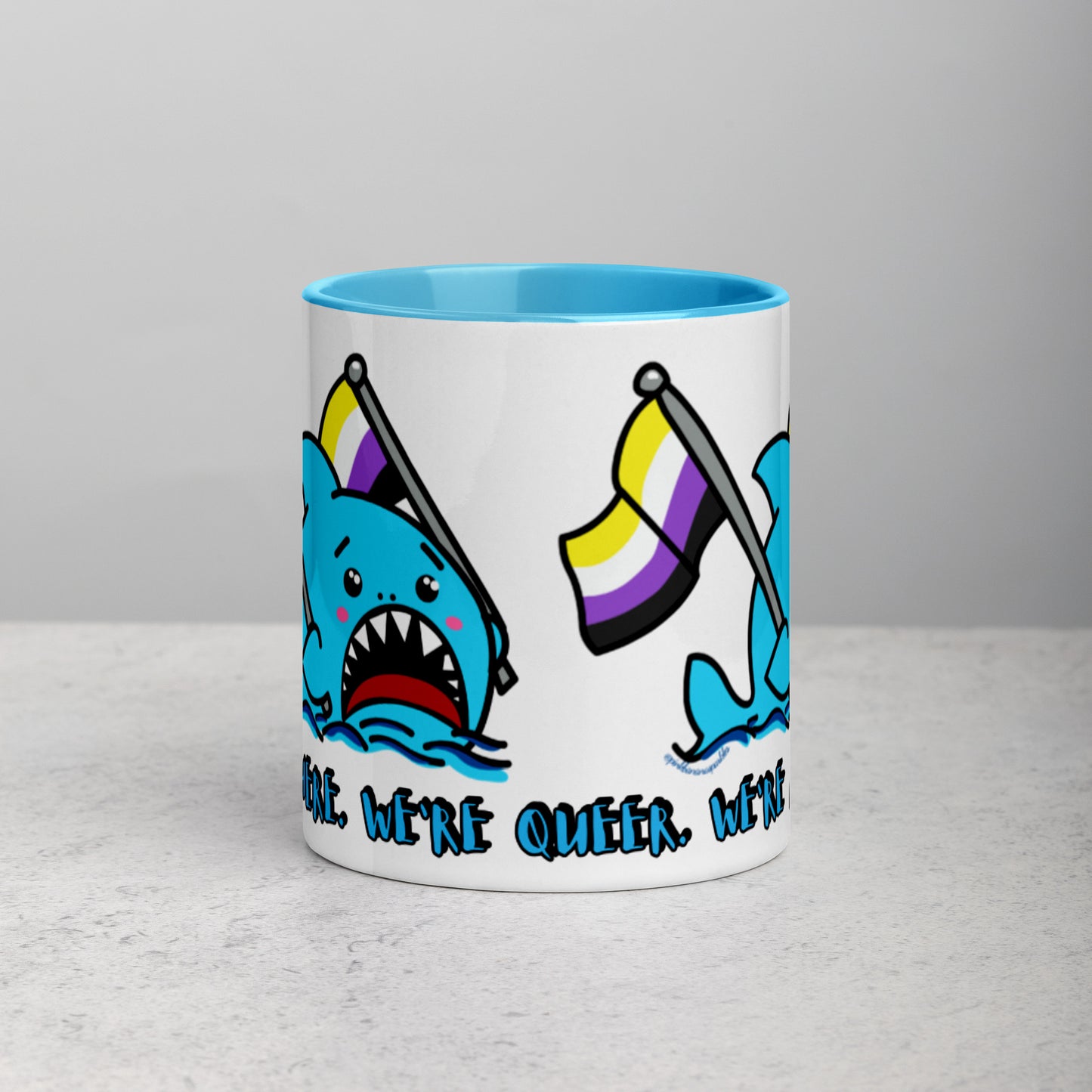 "We're Here..." Anxious Shark Mug with Non-Binary Pride Flag (11oz)