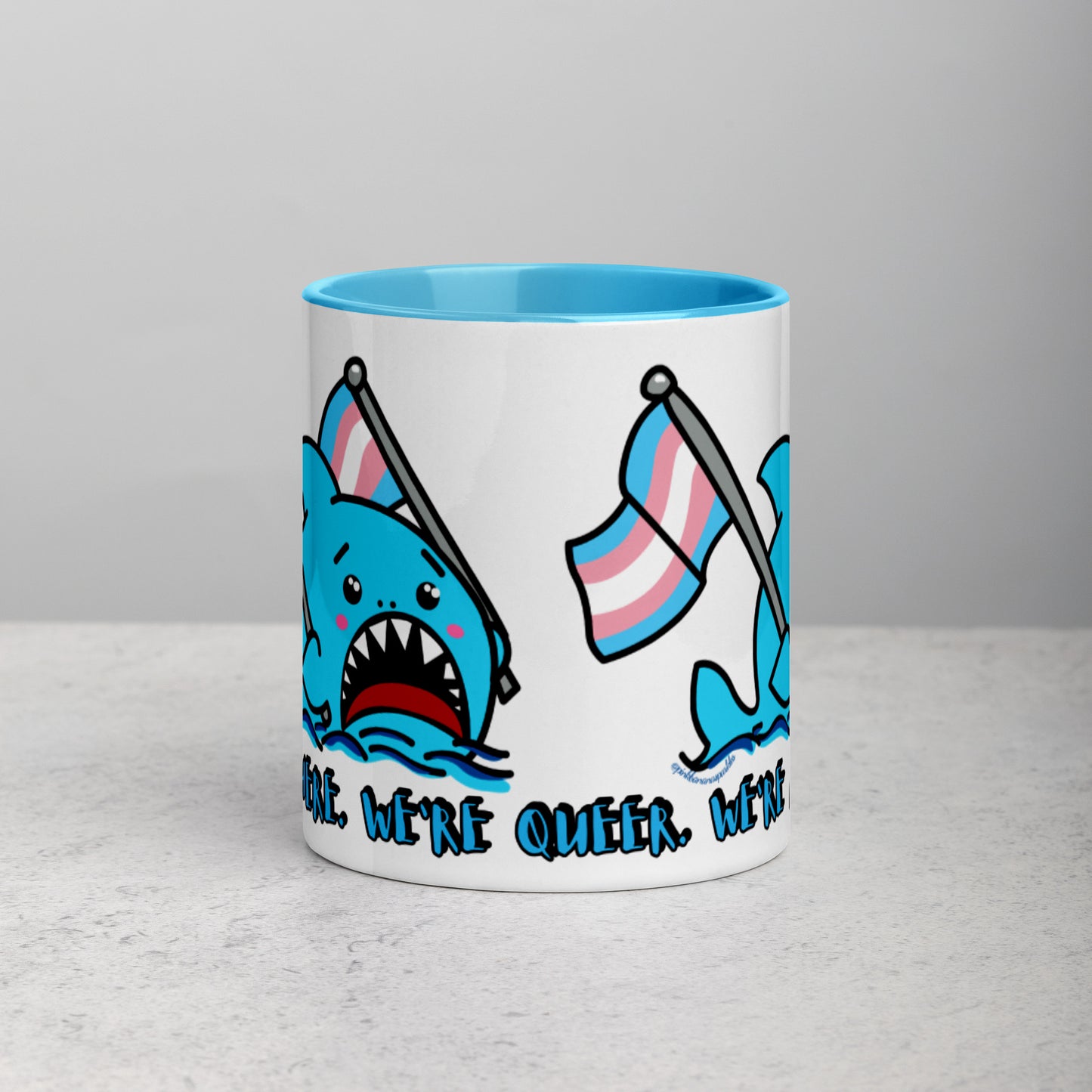 "We're Here..." Anxious Shark Mug with Transgender Pride Flag (11oz)