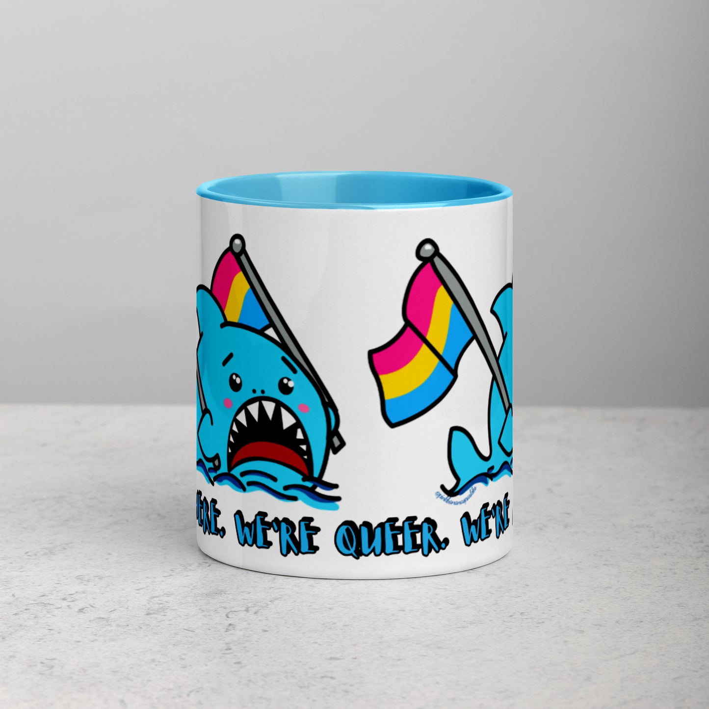 "We're Here..." Anxious Shark Mug with Pansexual Pride Flags (11oz)