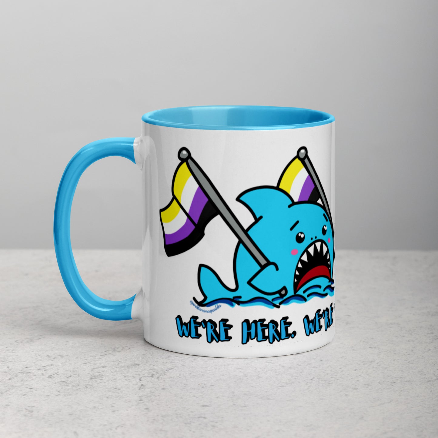 "We're Here..." Anxious Shark Mug with Non-Binary Pride Flag (11oz)