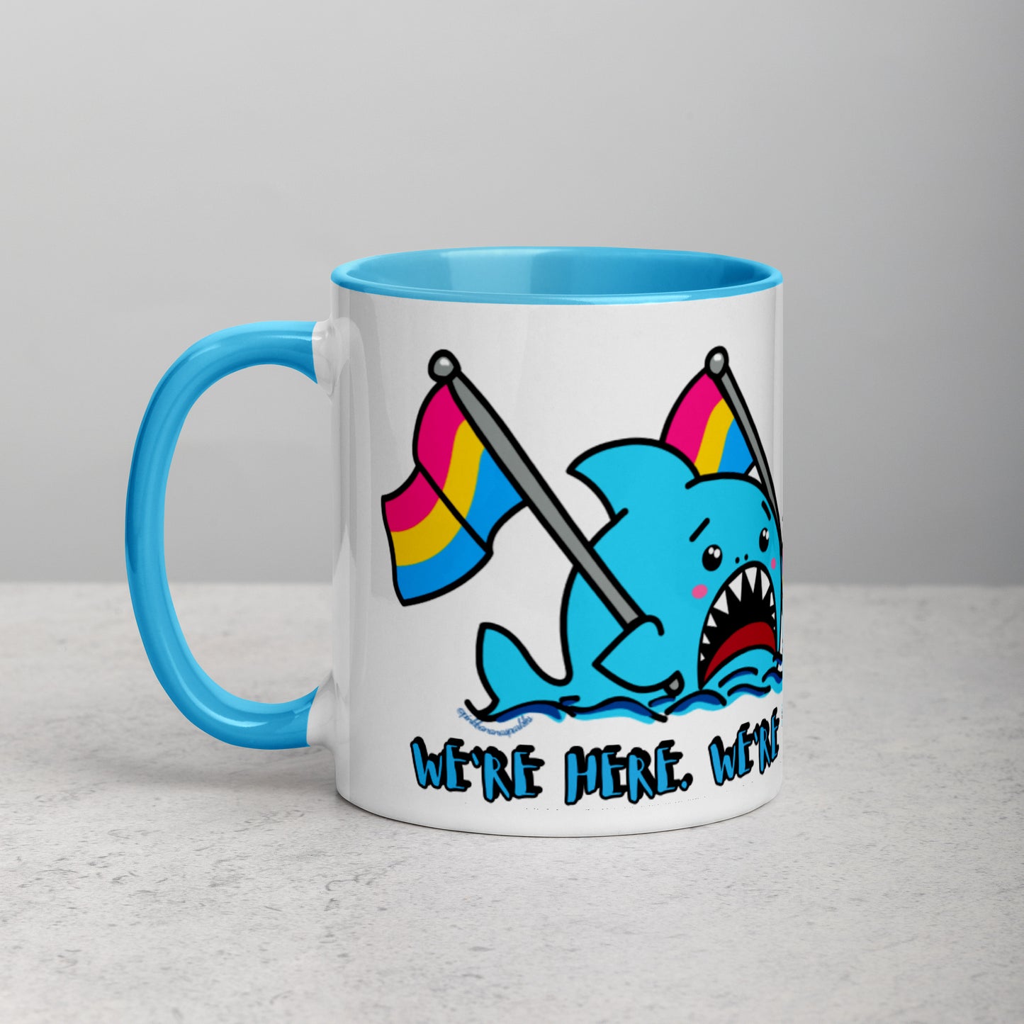 "We're Here..." Anxious Shark Mug with Pansexual Pride Flags (11oz)