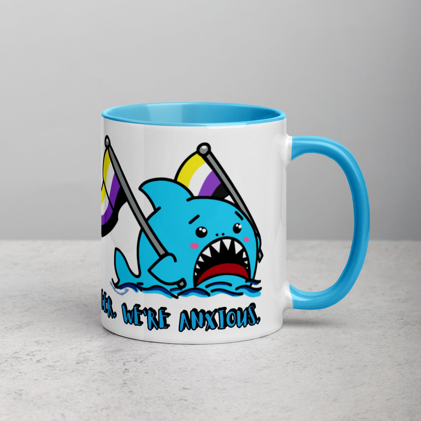 "We're Here..." Anxious Shark Mug with Non-Binary Pride Flag (11oz)