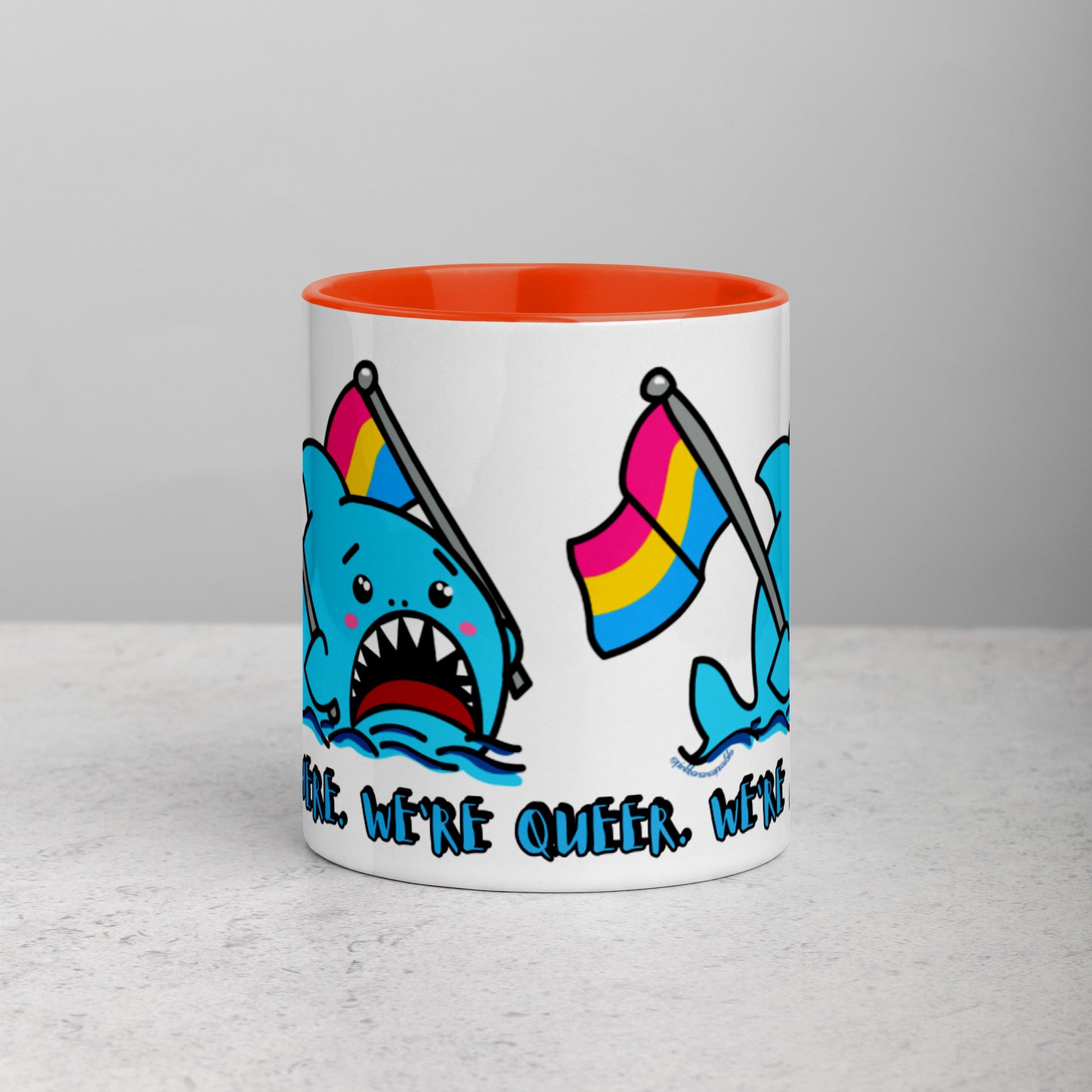 "We're Here..." Anxious Shark Mug with Pansexual Pride Flags (11oz)