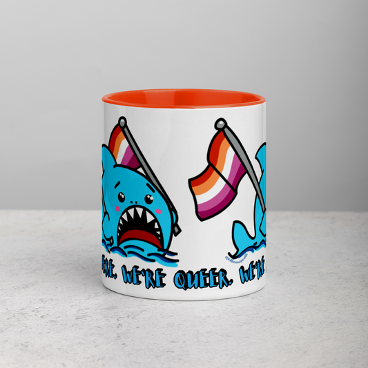 "We're Here..." Anxious Shark Mug with Lesbian Pride Flag (11oz)