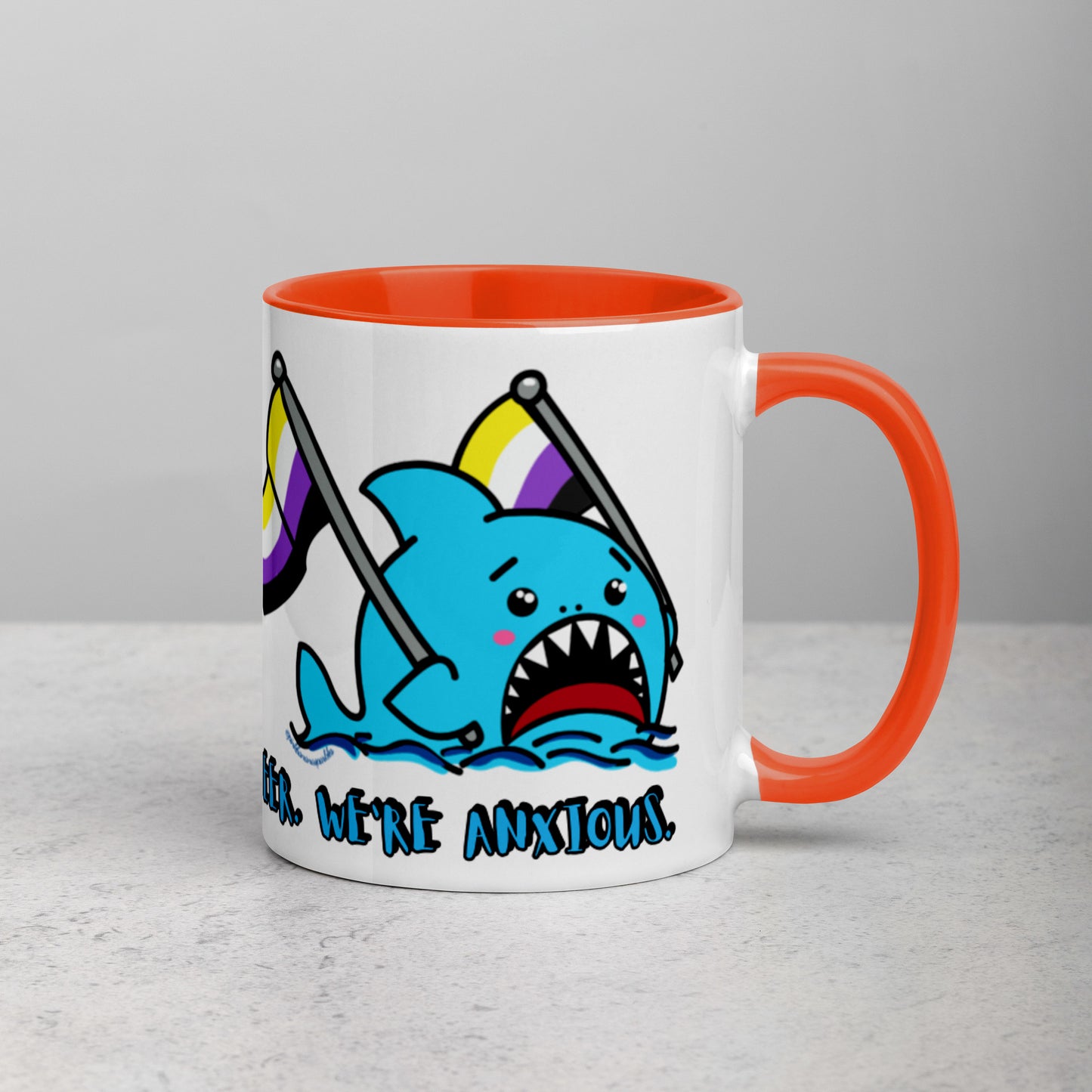 "We're Here..." Anxious Shark Mug with Non-Binary Pride Flag (11oz)