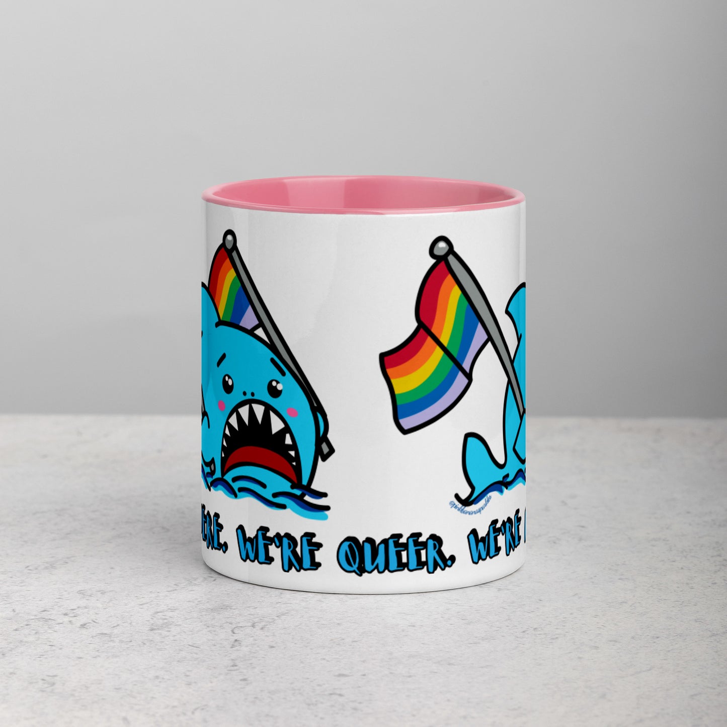 "We're Here.." -Anxious Shark, with Basic Rainbow Pride Flag Mug (11oz)