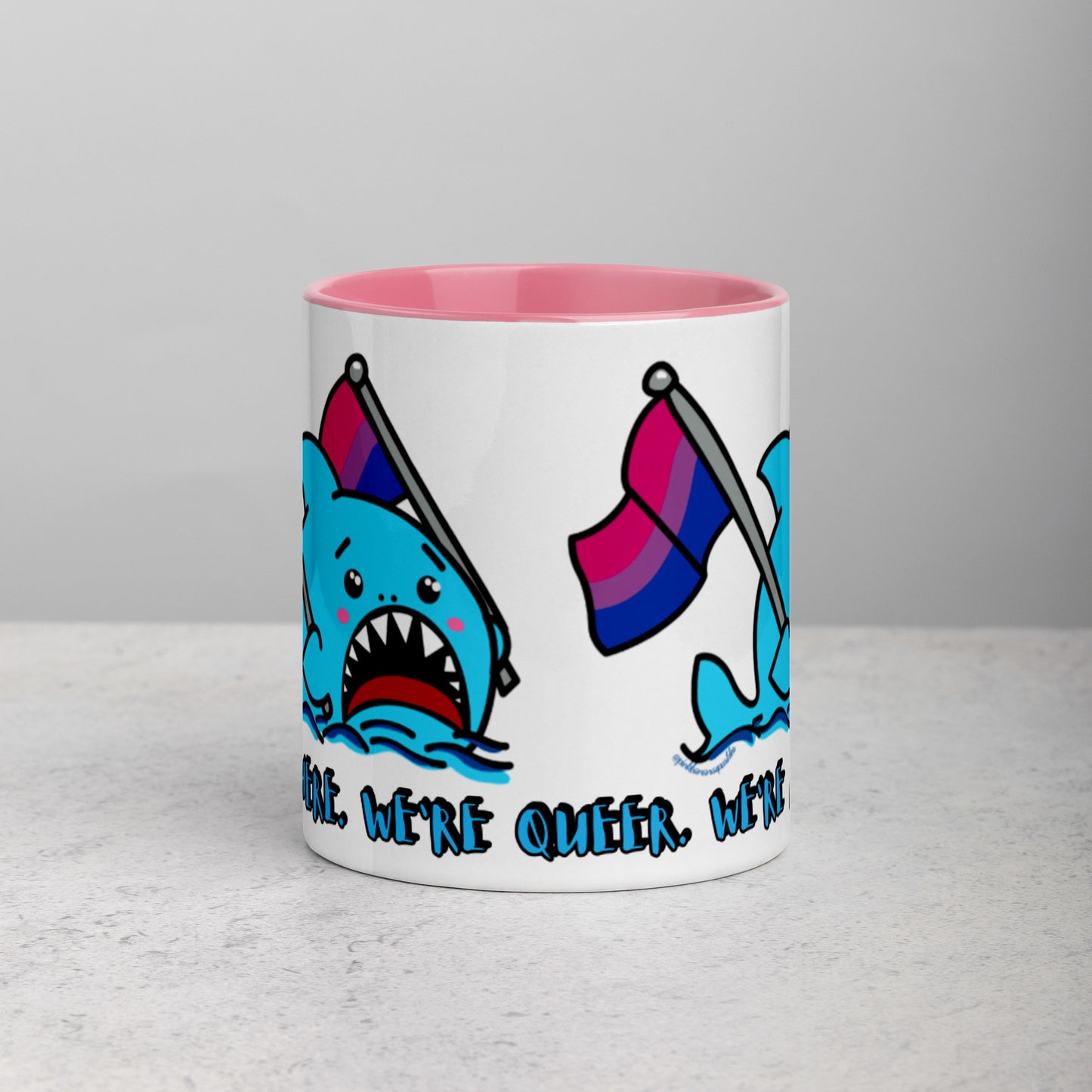 "We're Here..." Anxious Shark Mug with Bisexual Pride Flag (11oz)