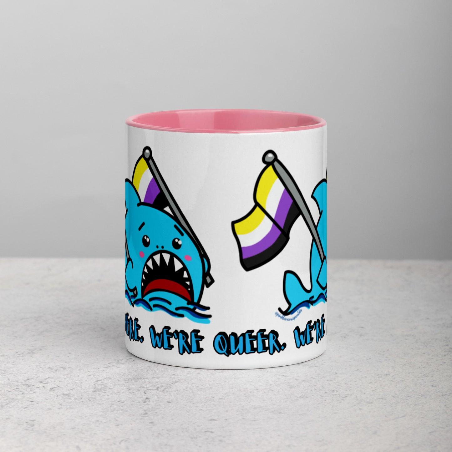 "We're Here..." Anxious Shark Mug with Non-Binary Pride Flag (11oz)