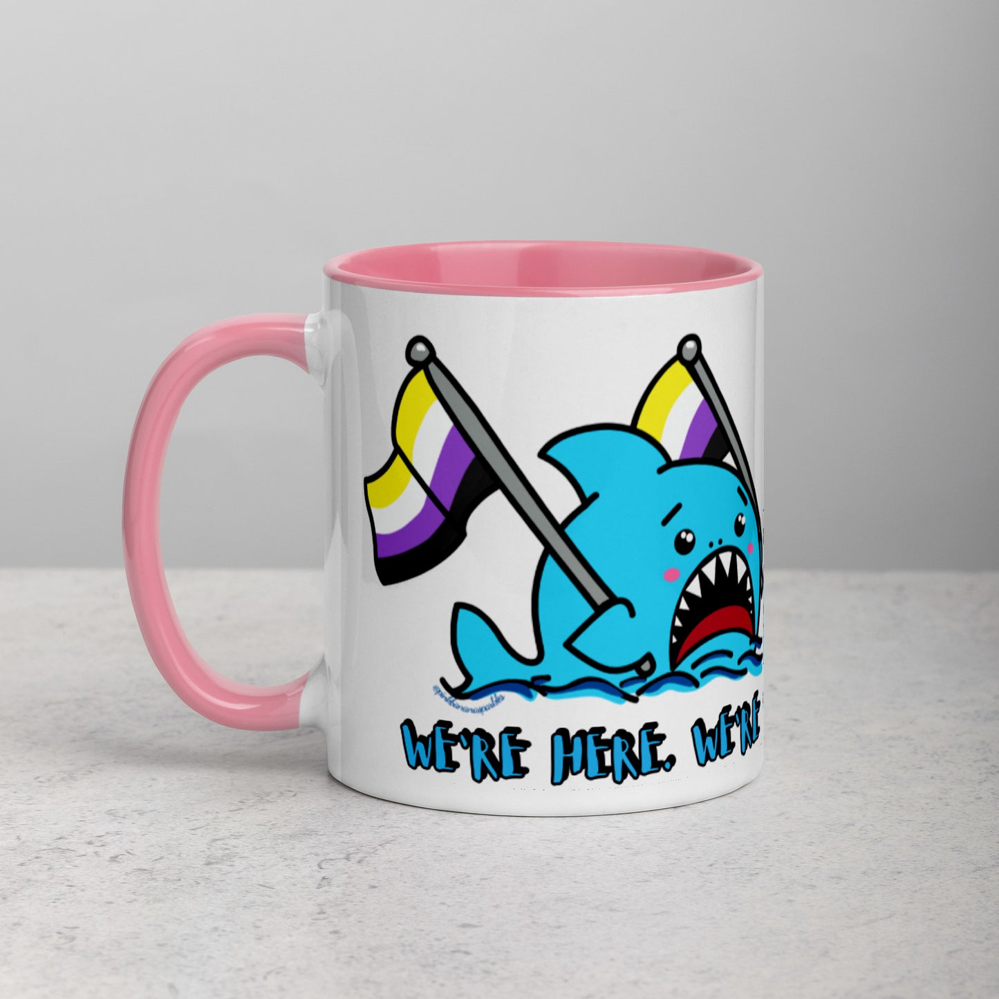 "We're Here..." Anxious Shark Mug with Non-Binary Pride Flag (11oz)