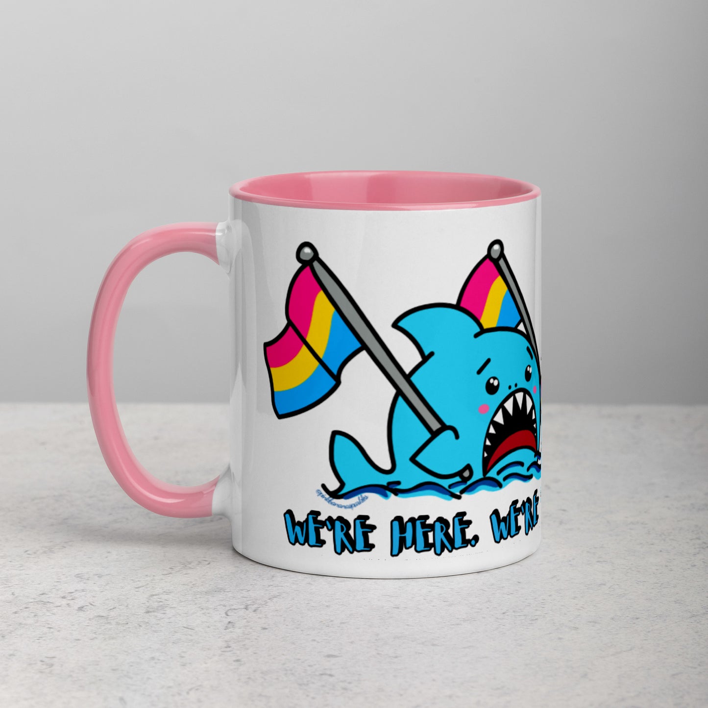 "We're Here..." Anxious Shark Mug with Pansexual Pride Flags (11oz)