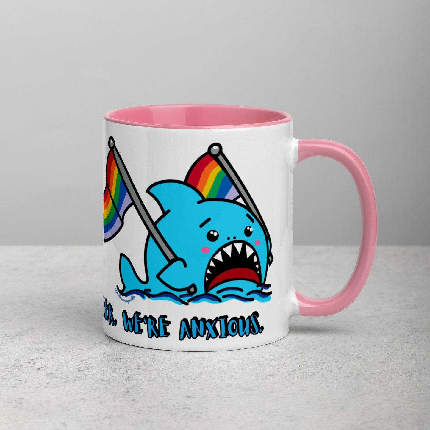 "We're Here.." -Anxious Shark, with Basic Rainbow Pride Flag Mug (11oz)