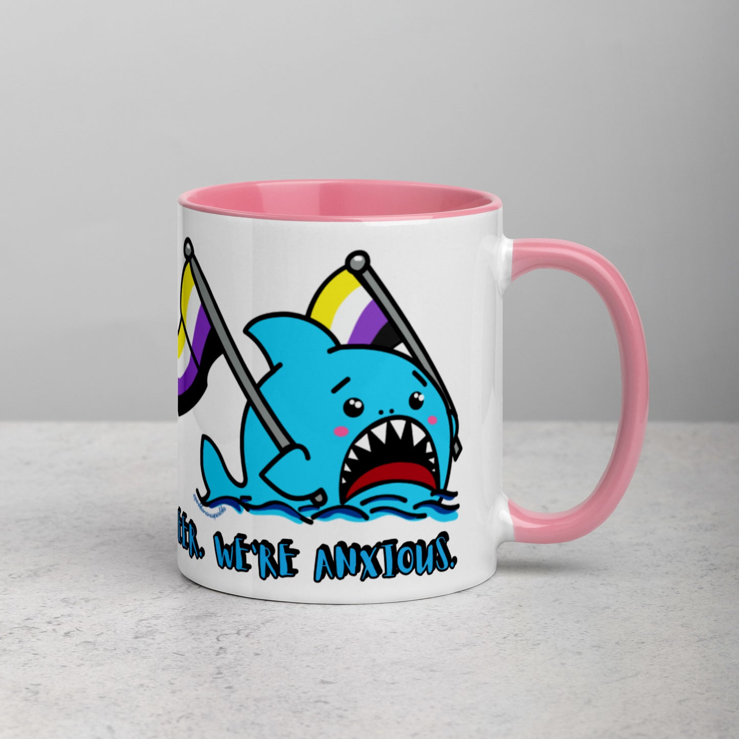 "We're Here..." Anxious Shark Mug with Non-Binary Pride Flag (11oz)