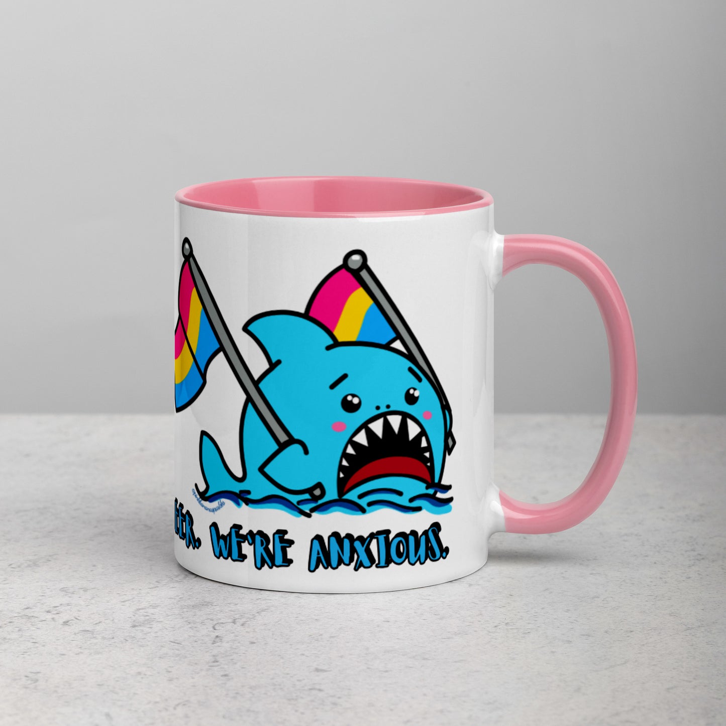 "We're Here..." Anxious Shark Mug with Pansexual Pride Flags (11oz)