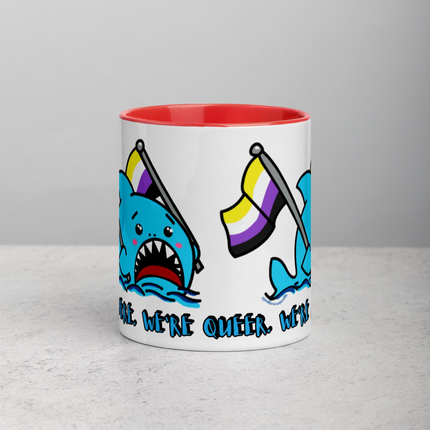 "We're Here..." Anxious Shark Mug with Non-Binary Pride Flag (11oz)