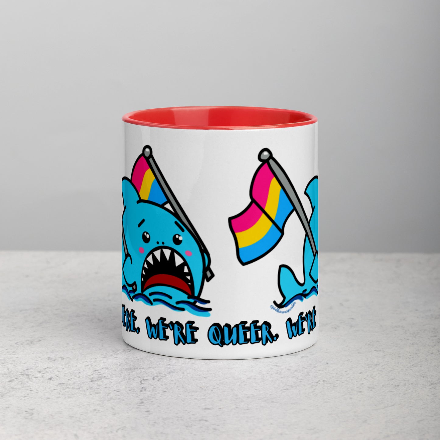 "We're Here..." Anxious Shark Mug with Pansexual Pride Flags (11oz)