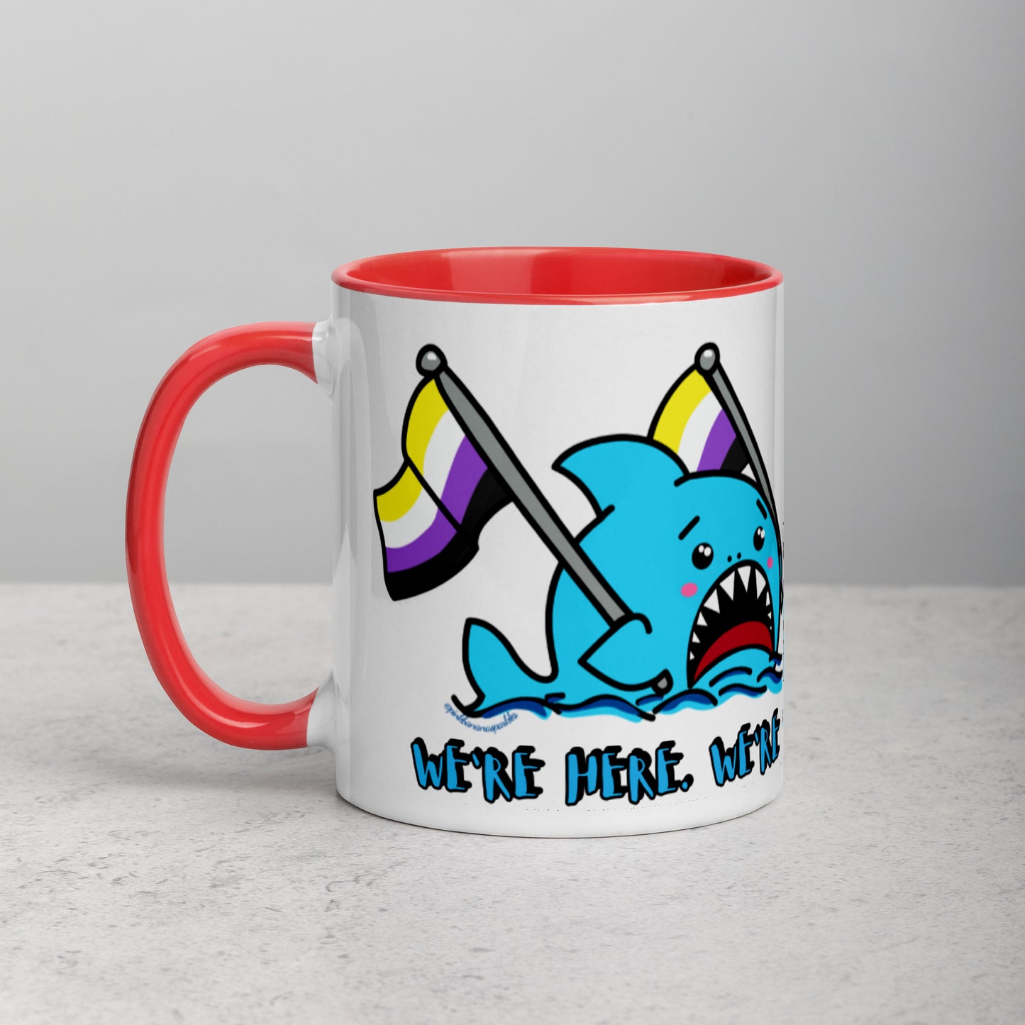 "We're Here..." Anxious Shark Mug with Non-Binary Pride Flag (11oz)